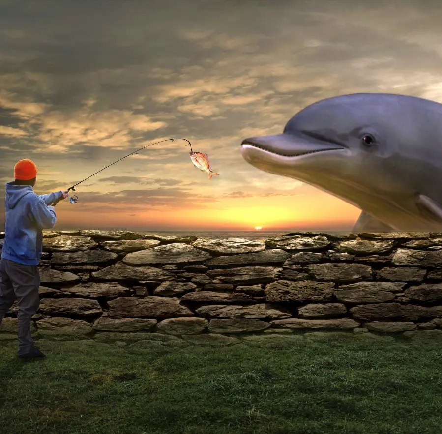 A man flying a kite in front of a dolphin.